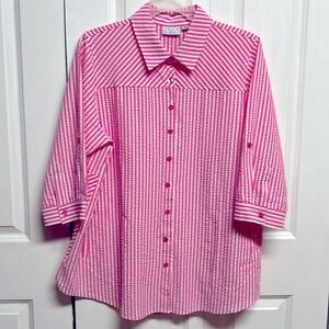 Joan Rivers Pink White Stripe Roll Tab Pocket Tunic Top Size XL